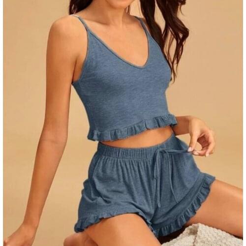 2PCS Women Pajamas Sets Solid Color V Neck Adjustable Spaghetti Strap Vest Drawstring Shorts Casual Style Clothes Sets Outfits