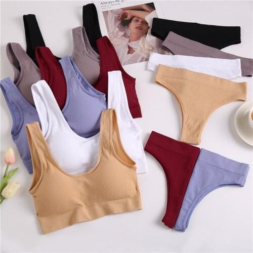 Women Bra Panties 2PCS Set Push Up Bras Sexy G-String Thong Female Crop Tops Fashion Lingerie Seamless Solid Underwear