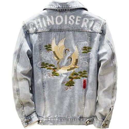 Mens Chinoiserie Crane Embroidery Denim Jacket Fashion Letters Embroidered Light Blue Coat