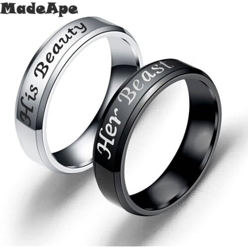 MadApe His Beauty Her Beast Rings Stainless Steel Couples Lovers Ring for Men Women Romantic Wedding Engagement Fashion Jewelr