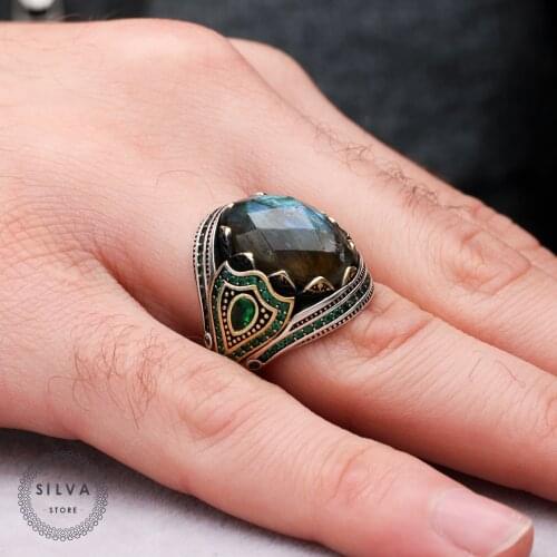 Silva 925 Sterling Silver Ring For Men Labradorite Gemstone S925 Silver Fashion Jewelry Gift Mens Rings All Sizes