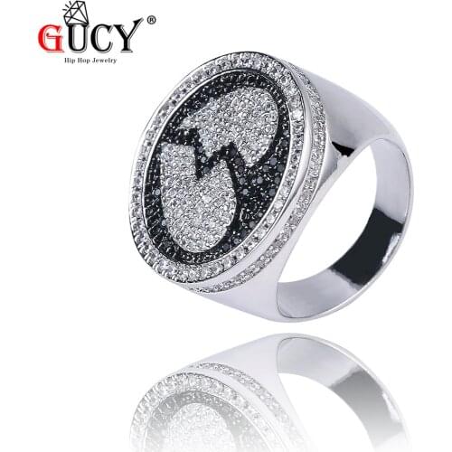 GUCY New Broken Heart Style Ring Hip Hop Plated Full Iced Out Bling Ring Micro Pave Cubic Zircon Stones Round Rings For Men