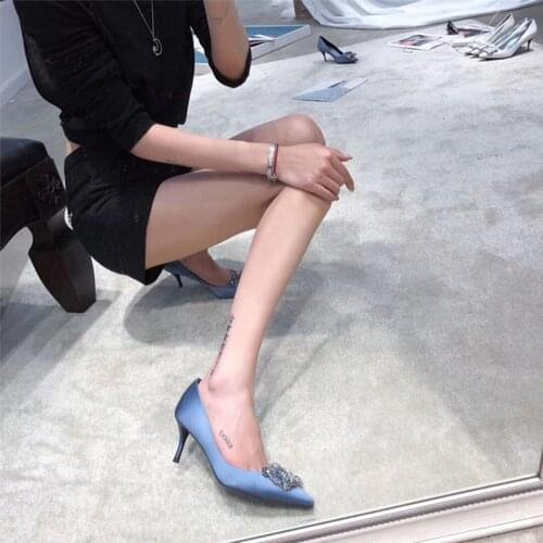 2019 spring and autumn new sheepskin satin rhinestones buckle high heels womens fine with sexy red wedding shoes