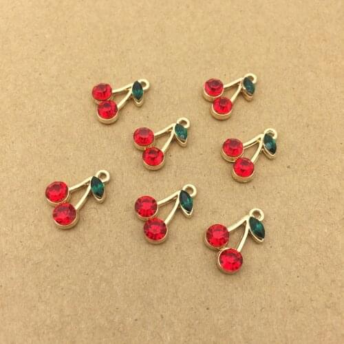 New Arrival 60pcs/Lot 11*17MM Red Crystal Rhinestone Fruit Cherry Shape Alloy Chams Gold Tone Plated DIY Jewelry Charms