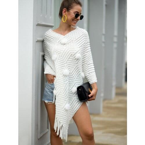 Fall Winter Solid Knitting Shawl Ladies Pullover Poncho Hairball White Knitted Women Sweater Shawls Knitted Shawl Cape Outerwear