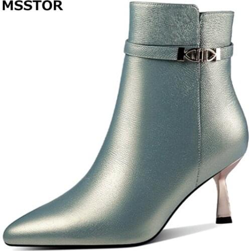 Poinited Toe Sexy High Heels Boots Women Solid Zipper Strange Style Genuine Leather Party Winter Ankler Shoes Concise Fashion