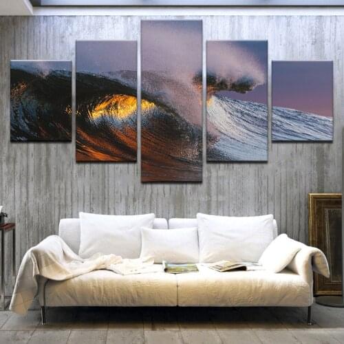 Frame Wall Art Modern Living Room Home Decor Pictures HD Canvas Painting Poster 5 Panel The waves in the sunset Landscape