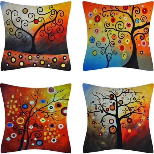 Cartoon Colorful Tree Of Life Cushion Cover 45x45cm Abstract Trees Landscape Print Flax Throw Pillow Case Decor Cushion Cover