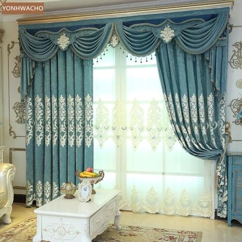Custom curtain luxury Chenille 3d embroidered living room bedroom blue cloth blackout curtain valance tulle panel C449