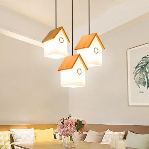 Nordic Solid Wood Small House Pendant Lights Creative Dining Room Childrens Room Coffee Hanging Lamp Bedroom Restaurant Lights
