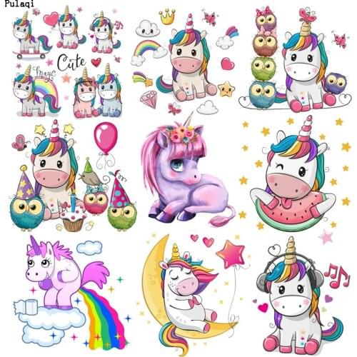 Pulaqi Iron On Transfer Vinyl Lovely Unicorn Heat Transfer Patches For Clothes Stripe PVC Patches Stickers Cute Cartoon Applique