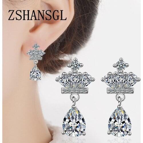 High Quality Silver Color Princess Crown Luminous Waterdrop Clear CZ Wedding Stud Earrings for Women Fashion Jewelry
