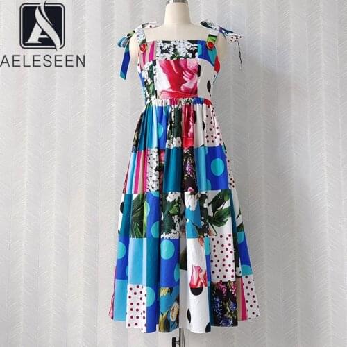 AELESEEN Womens Spaghetti Strap Sicily Dress Summer 2021 Runway Fashion Bow Dots Porcelain Print Midi Beach Party Dress