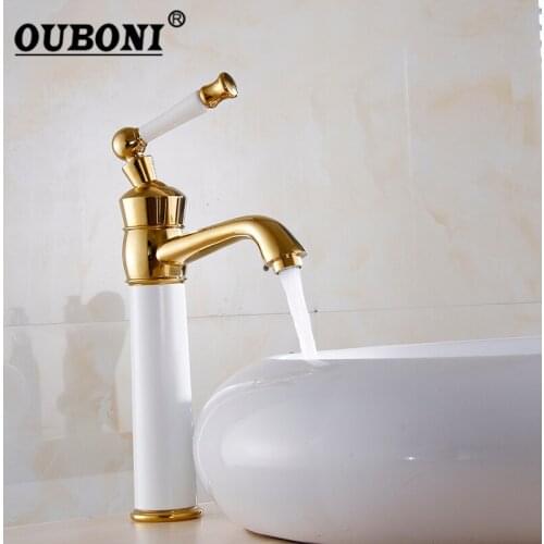 OUBONI Golden Polished Hot & Cold Water Mixer Tap Basin Faucet Tap Washbasin torneira Deck Mounted