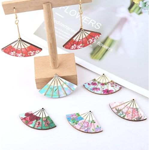 10pcs 29*46mm Wooden Flower Fan Charms Fan shape Dangle Pendants For DIY Handmade Earring Necklace Bracelet Jewelry Making YZ720