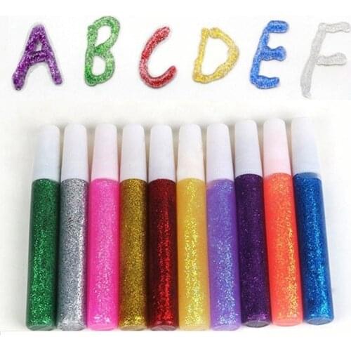 10pcs/Set Color Drawing Glitter Powder Adhesive Paper Crafts Phone Frame Case DIY Child Painting Art Super Liquid Glue Pen