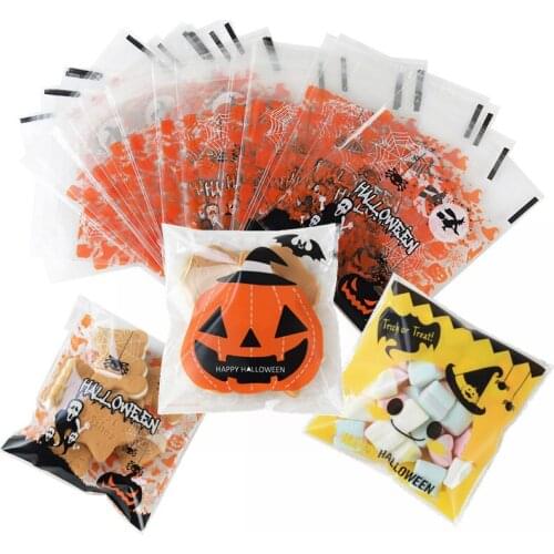 100pcs 10*10cm Halloween Candy Bag Pumkin Ghost Pattern Plastic Bag for Happy Halloween Party Cookie Candy Packaging Supplies 7z