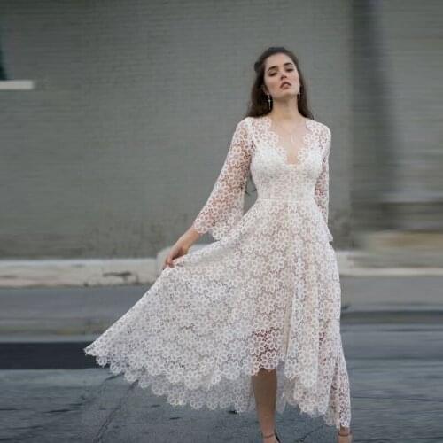 White Cocktail Dresses V Neck Dress Hollow Printed See Through Evening Party Dress Wedding Evening Dress Formal Dresses 2021