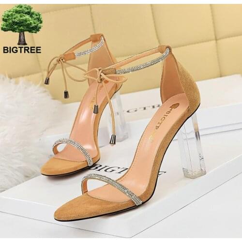 BIGTREE Shoes Transparent Shoes Women Sandals Rhinestone High Heels Open Toe Summer Sandals Suede Ladies Shoes Sexy Party Shoes