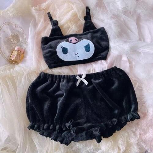 Black Kawaii Velvet Tube Top and Panties Set for Girls Adorable Underwear Anime Long Ear Doggy Bra and Bloomers 2021 New