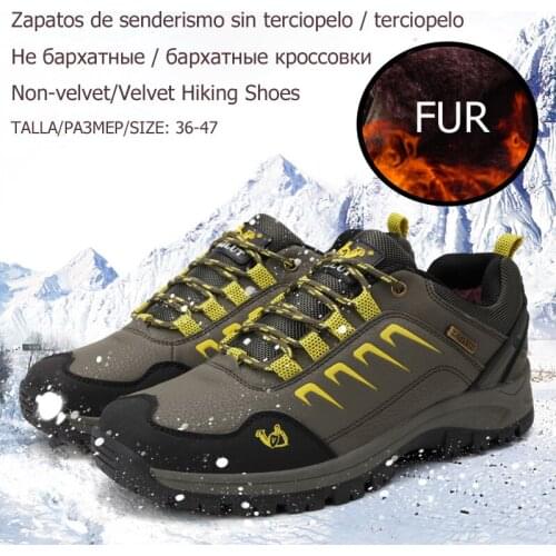 Hot sale Classical men&women worm fur/velvet hiking shoes anti-slip climbing trekking sneaker outdoor sport footwear for couple