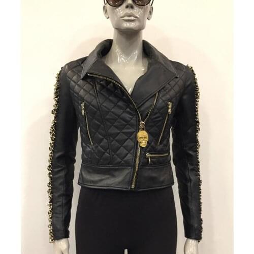 Womens Famous Brand Genuine Leather Black Jacket Real Sheepskin Coat Motorcycle Biker Slim Short Casual Coat New Fashion Plein