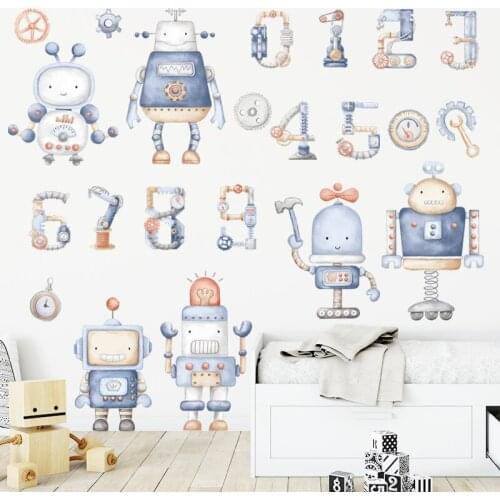 Cartoon Robot Arabic Numeral Wall Sticker Childrens Early Education Picture Literacy Kindergarten Room Decoration Accessories