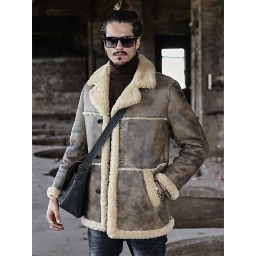 Mens Brown B3 Shearling Coat Bomber Jacket Hunting Leather Jacket Mens Winter Coats Long Fur Jacket Trench Coat