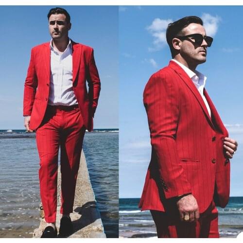 Red Pinstripe Groom Mens Tuxedos Slim Fit Peaked Lapel Business Wedding Blazer Suits Formal Prom Party Wear(Jacket+Pants)