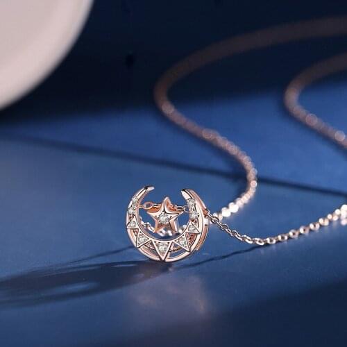6215 S925 Silver Star and Moon Hollow Diamond Necklace Female Rose Gold Five-pointed Star Pendant Creative Clavicle Chain