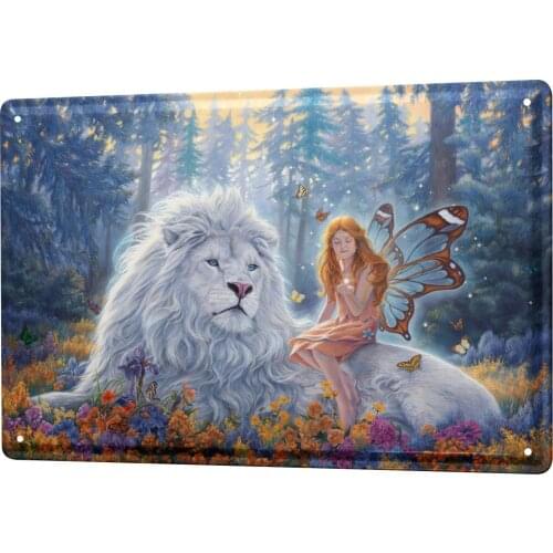 SINCE 2004 Tin Sign Metal Plate Decorative Sign Home Decor Plaques 30 x 40 cm Fantasy Motif White Lion with elf