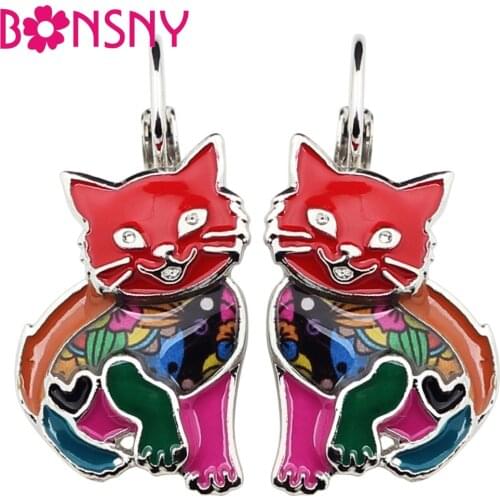 Bonsny Enamel Elegant Cat Kitten Earrings Stud Drop Dangle Alloy French Clip Novelty Animal Jewelry For Girls Women Decoration