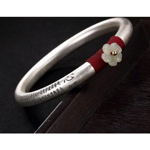 Restoring Ancient Ways Ms Hetian Jade White Jade Plum Flower Heart Sutra Red Rope High-grade Bangle Bracelets Wholesale