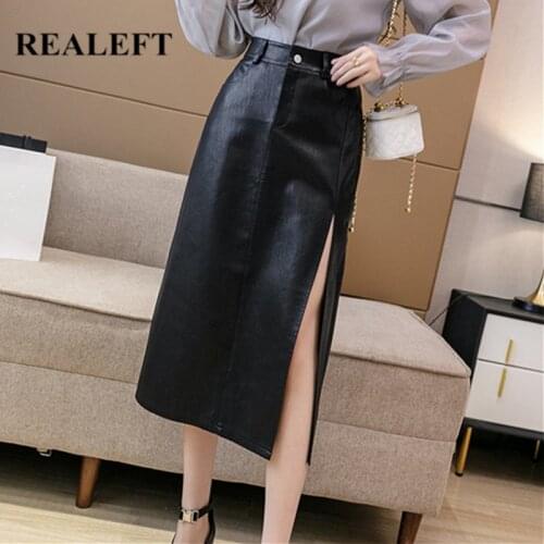 REALEFT Autumn Winter Front Split Black PU Leather Womens Skirts 2021 New High Waist A-line Skirts Mid-calf Straight Skirts