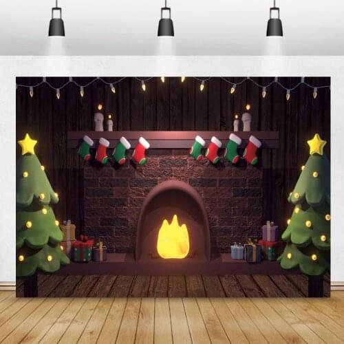 Winter Christmas Cartoon Fireplace Backdrops For Photography Socks Gifts Pine Trees Kids Child Party Photo Background Photocall
