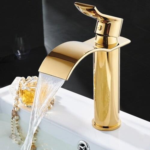 Gold 100% brass gold bathroom sink faucet waterfall basin faucet