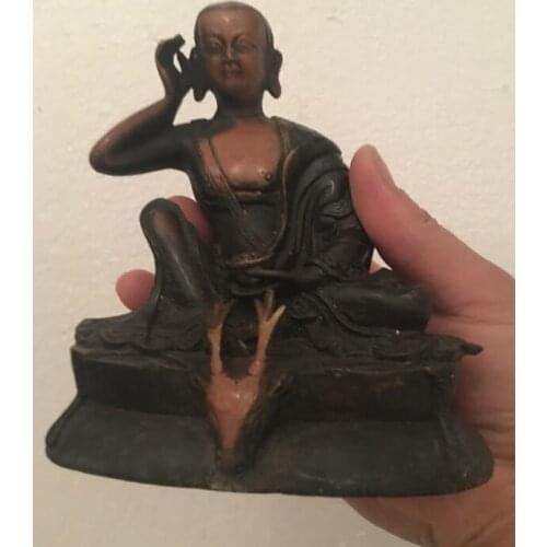 14.5cm Old Tibet Buddhist Bronze Milarepa Arhat Buddha Ride Deer Head Statue Set