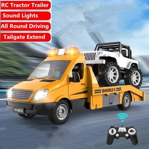 RC Truck Trailer 2.4G High Simulation RC Tractor Traffic Police Road Vehicle All Round Driving Sound Light RC Road Wrecker 2PCS
