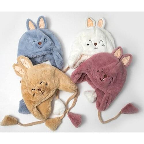 2020 3-10 Years Children Bomber Hats Lovely Bunny Look Kids Hat Girl Cap Autumn Winter Warm Bonnet Boy Cap Artificial Rabbit Fur