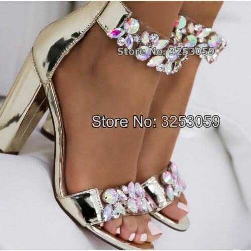 ALMUDENA Women Dazzle Colour Crystal Chunky Heel Sandals Bling Bling Gradient Colorful Clear Jewelry Wedding Shoes Snakeskin
