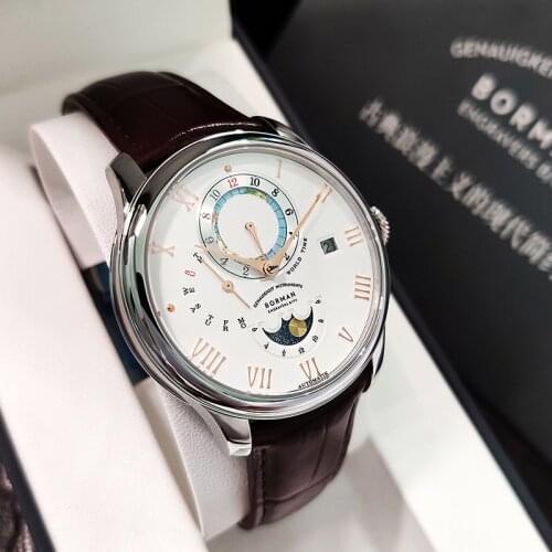 Borman Luxury Brand Classic Atuomatic Mechanical Mens Watch Moon Phase World Time Watch Sapphire Waterproof 50M Watches