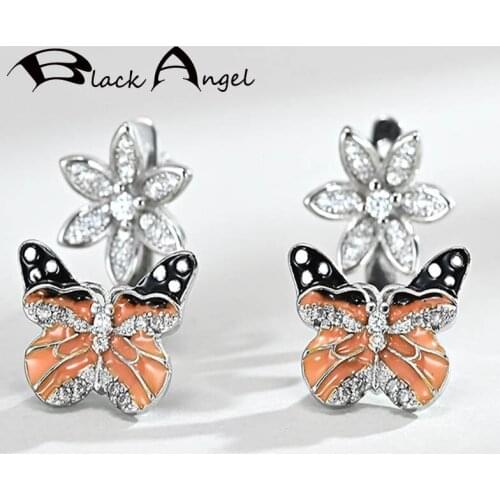 BLACK ANGEL New Cute Yellow Enamel Butterfly 925 Silver White Zircon Stud Earrings For Women Jewelry Christmas Gift