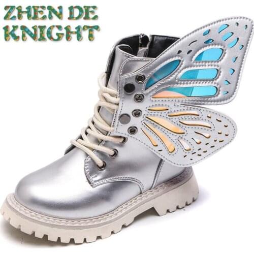 Childrens Martin Boots 2021 Spring and Autumn New Girls Wings Fashion Colorful Short Boots Girls Silver Princess Single Boots