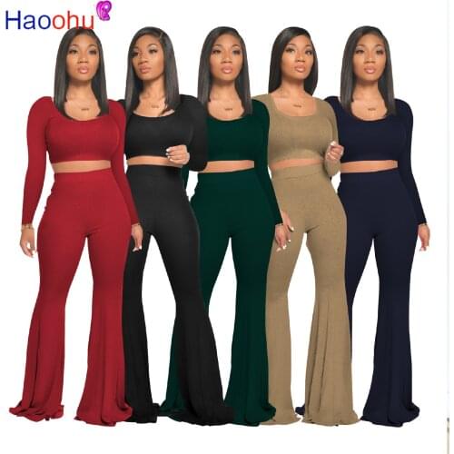 HAOOHU Ribbed Womens Set Long Sleeve Tops Flare Bell Bottom Pants Suit Active Wear Knit Tracksuit Two Piece Set Fitness Outfit