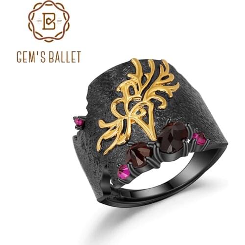 GEMS BALLET Natural Black Garnet Gemstones Band Ring 925 Sterling Silver Handmade Equinox Flower Rings Woman’s Art Jewelry
