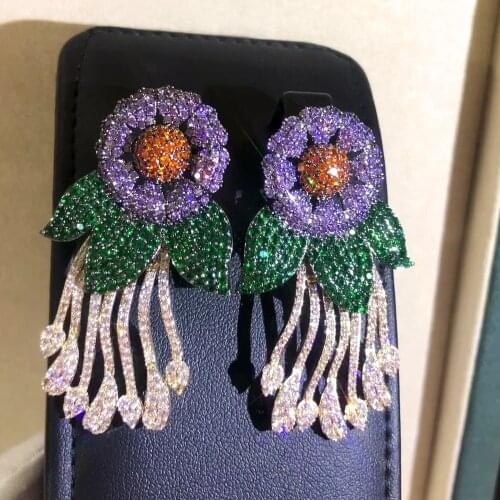 Missvikki Luxury Romantic Bloom Flowers Tassel Earrings For Women Wedding Party Crystal CZ Dubai Bridal Earrings Fashion Jewelry