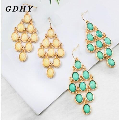 GDHY Fashion Geometric Rhombus Long Pendant Earrings Round Multi-sectional Gemstones Stone Creative Glamour Jewelry 2 Color