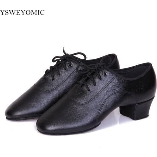 Split Suede Outsole Men Latin Ballroom Dance Shoes Real Leather Black Shiny Standard Ballroom Latin Bachata Dance Shoes M-003
