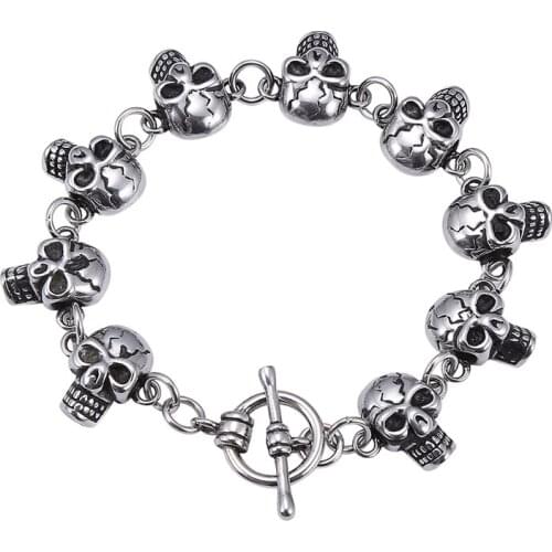 Punk Rock Skull Bracelets Men Stainless Steel Shiny Skull Charm Link Chain Bangles Male Gothic Jewelry Accessories GS0042