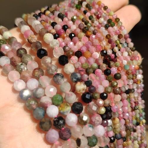 Natural Tourmaline stone Beads Round Faceted Loose Mineral Beads for Jewelry Making Handmade waistbeads Women gift 2/3/4mm